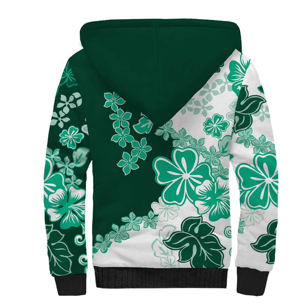Green Hibiscus Plumeria Floral Sherpa Hoodie LT01 - Polynesian Pride
