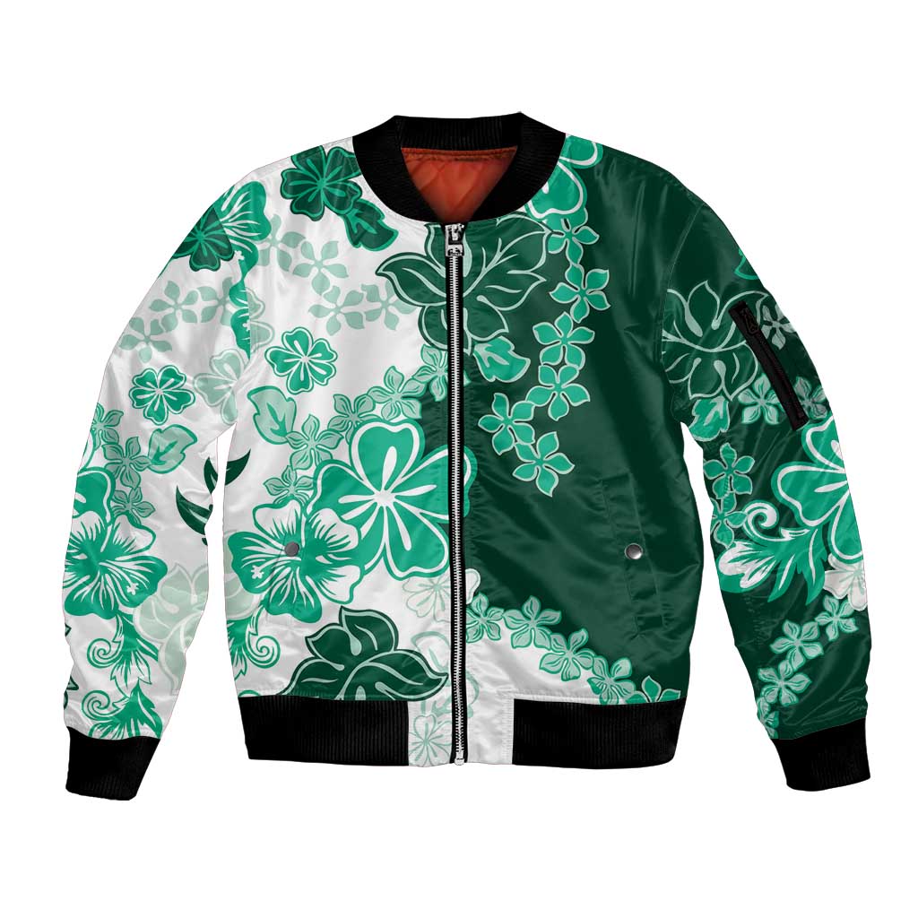 Green Hibiscus Plumeria Floral Sleeve Zip Bomber Jacket - Polynesian Pride