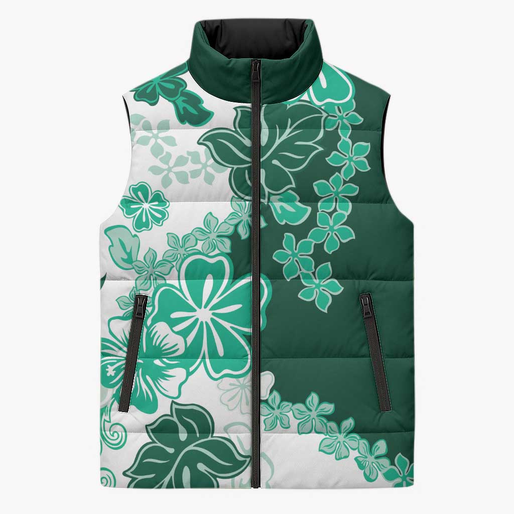 Green Hibiscus Plumeria Floral Sleeveless Puffer Jacket LT01 Green - Polynesian Pride