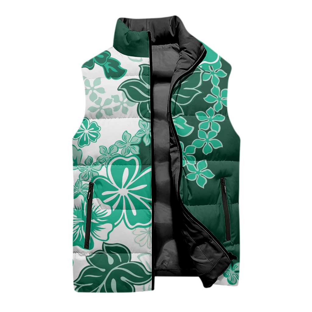 Green Hibiscus Plumeria Floral Sleeveless Puffer Jacket - Polynesian Pride