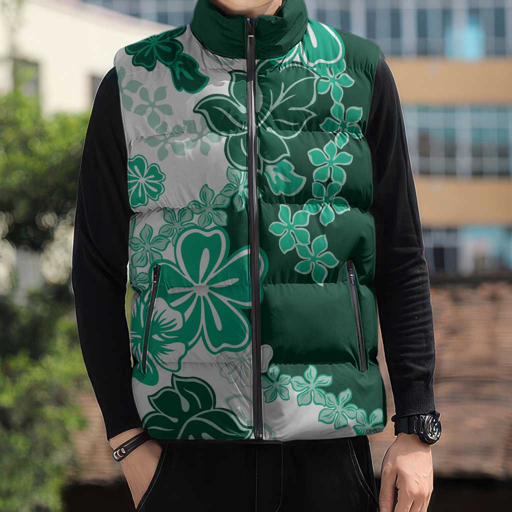 Green Hibiscus Plumeria Floral Sleeveless Puffer Jacket - Polynesian Pride