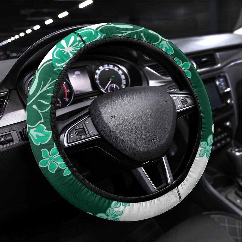 Green Hibiscus Plumeria Floral Steering Wheel Cover LT01 Universal Fit Green - Polynesian Pride