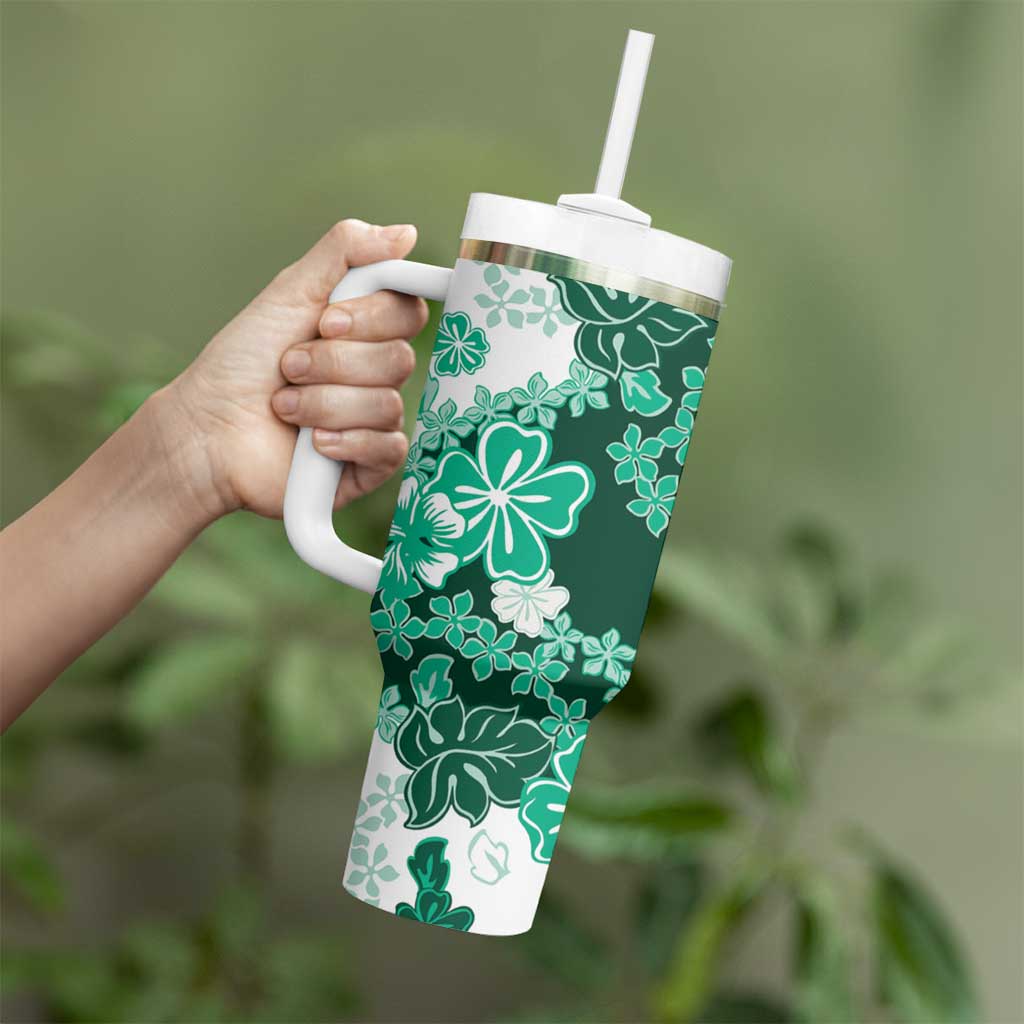 Green Hibiscus Plumeria Floral Tumbler With Handle - Polynesian Pride