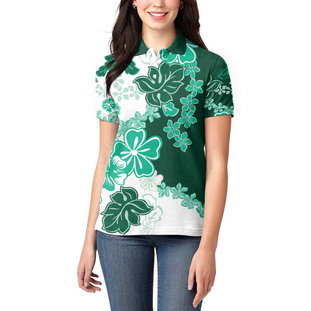 Green Hibiscus Plumeria Floral Women Polo Shirt - Polynesian Pride