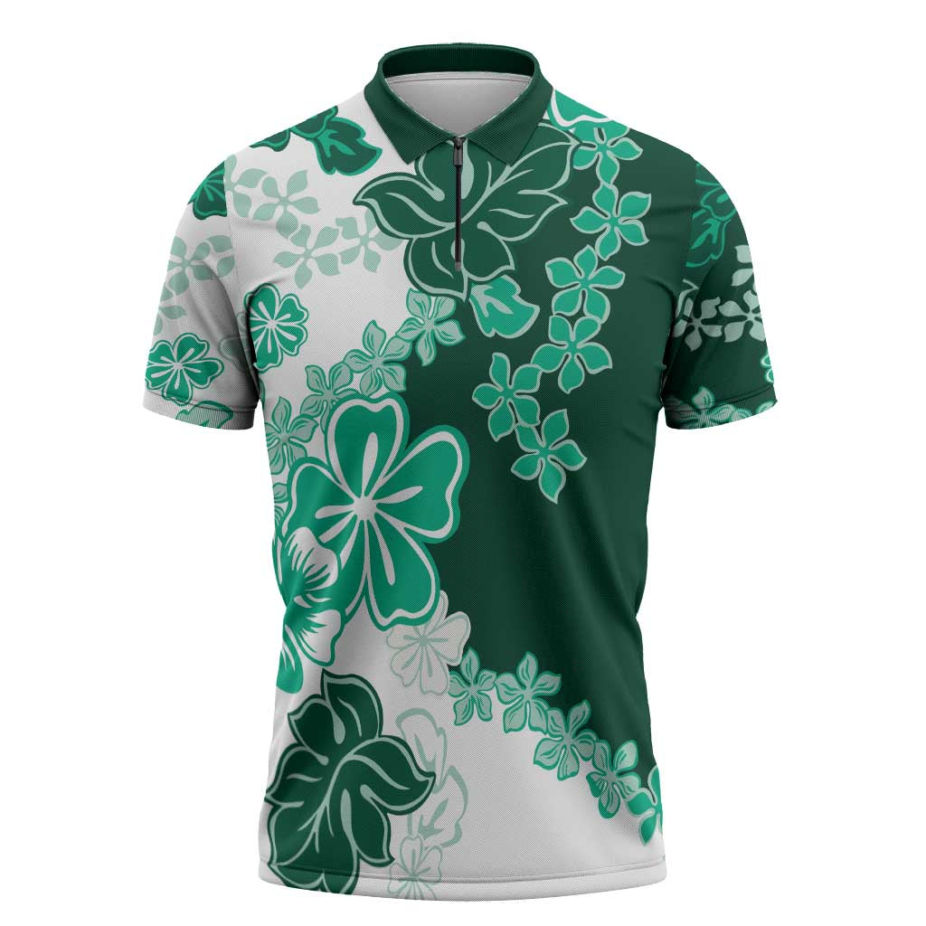 Green Hibiscus Plumeria Floral Zipper Polo Shirt LT01 Green - Polynesian Pride