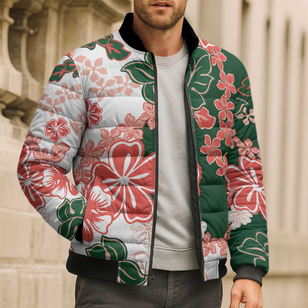 Green Orange Hibiscus Plumeria Floral Bomber Puffer Jacket LT01 - Polynesian Pride