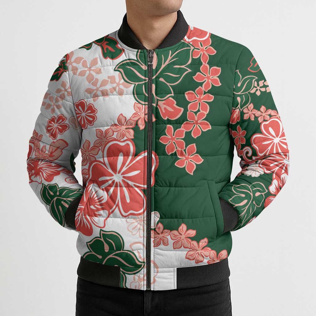 Green Orange Hibiscus Plumeria Floral Bomber Puffer Jacket LT01 - Polynesian Pride
