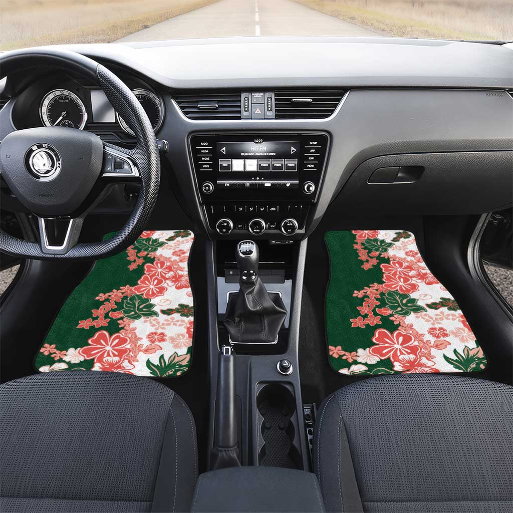 Green Orange Hibiscus Plumeria Floral Car Mats LT01 Set 2pcs - Front Orange - Polynesian Pride
