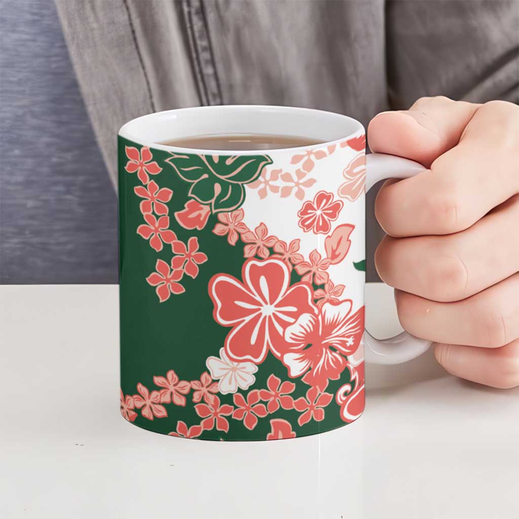 Green Orange Hibiscus Plumeria Floral Ceramic Mug - Polynesian Pride