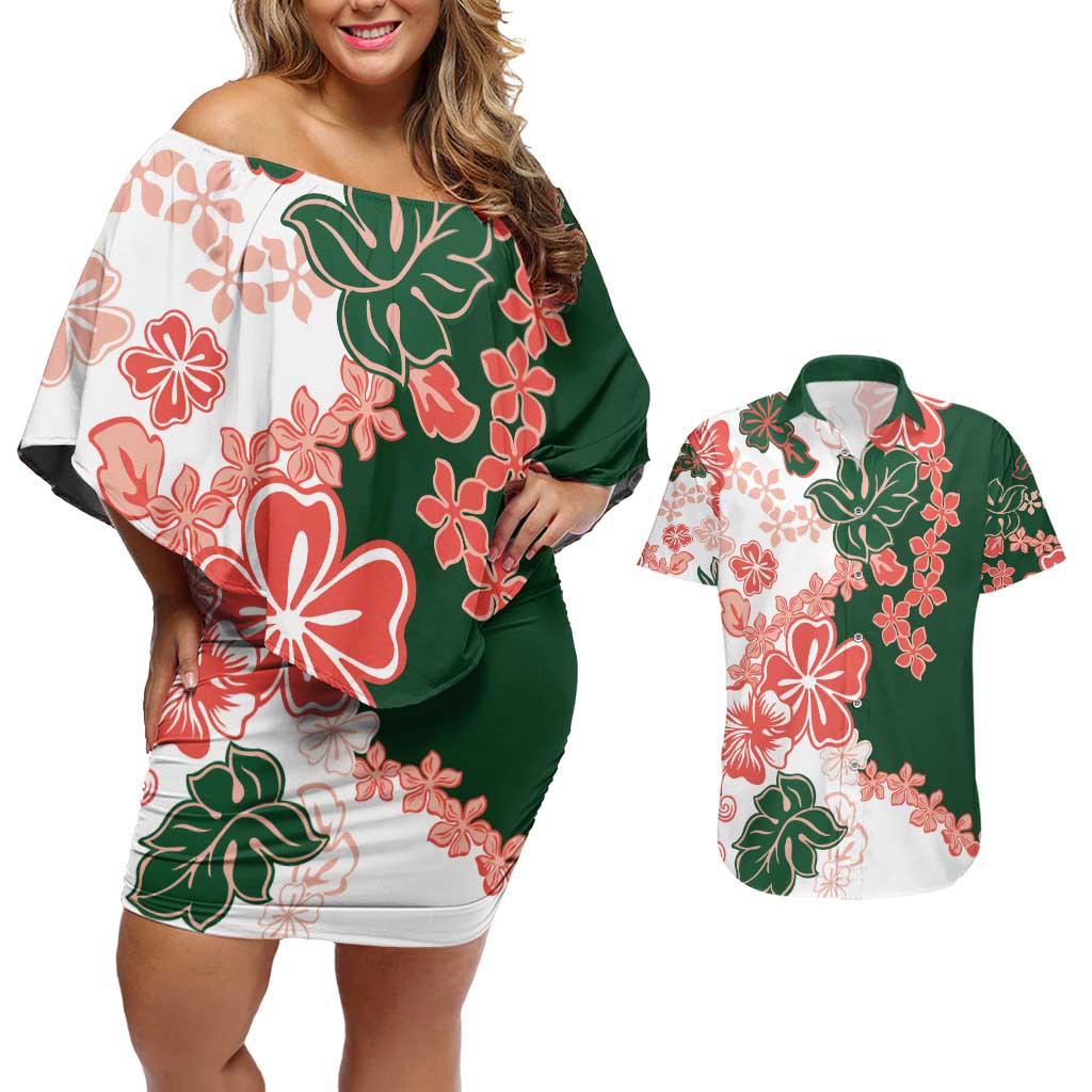 Green Orange Hibiscus Plumeria Floral Couples Matching Off Shoulder Short Dress and Hawaiian Shirt - Polynesian Pride