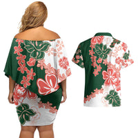 Green Orange Hibiscus Plumeria Floral Couples Matching Off Shoulder Short Dress and Hawaiian Shirt - Polynesian Pride