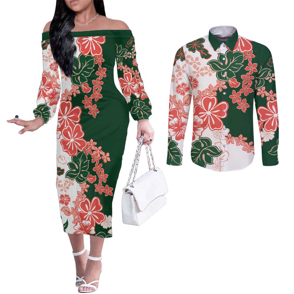 Green Orange Hibiscus Plumeria Floral Couples Matching Off The Shoulder Long Sleeve Dress and Long Sleeve Button Shirt - Polynesian Pride