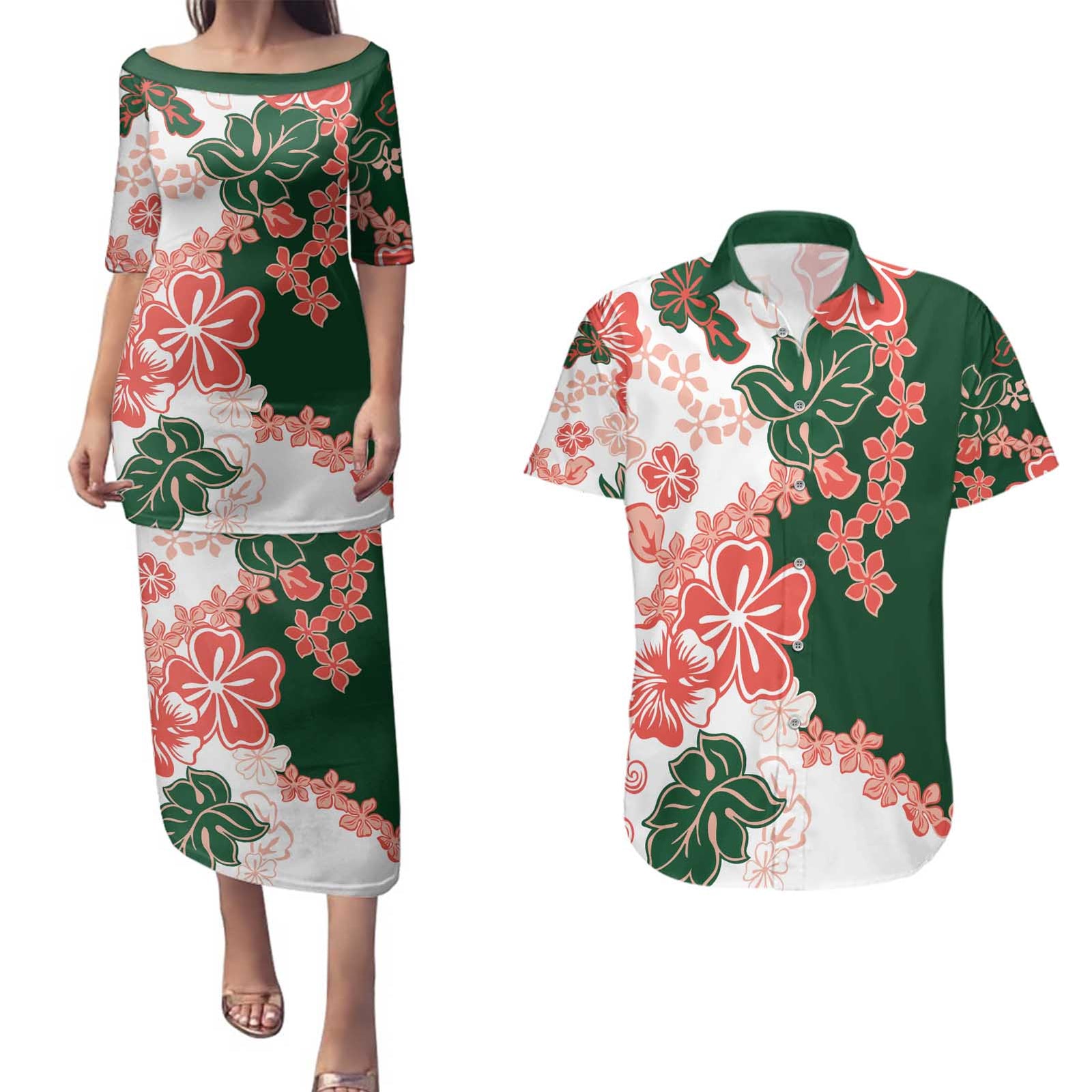 Green Orange Hibiscus Plumeria Floral Couples Matching Puletasi and Hawaiian Shirt - Polynesian Pride