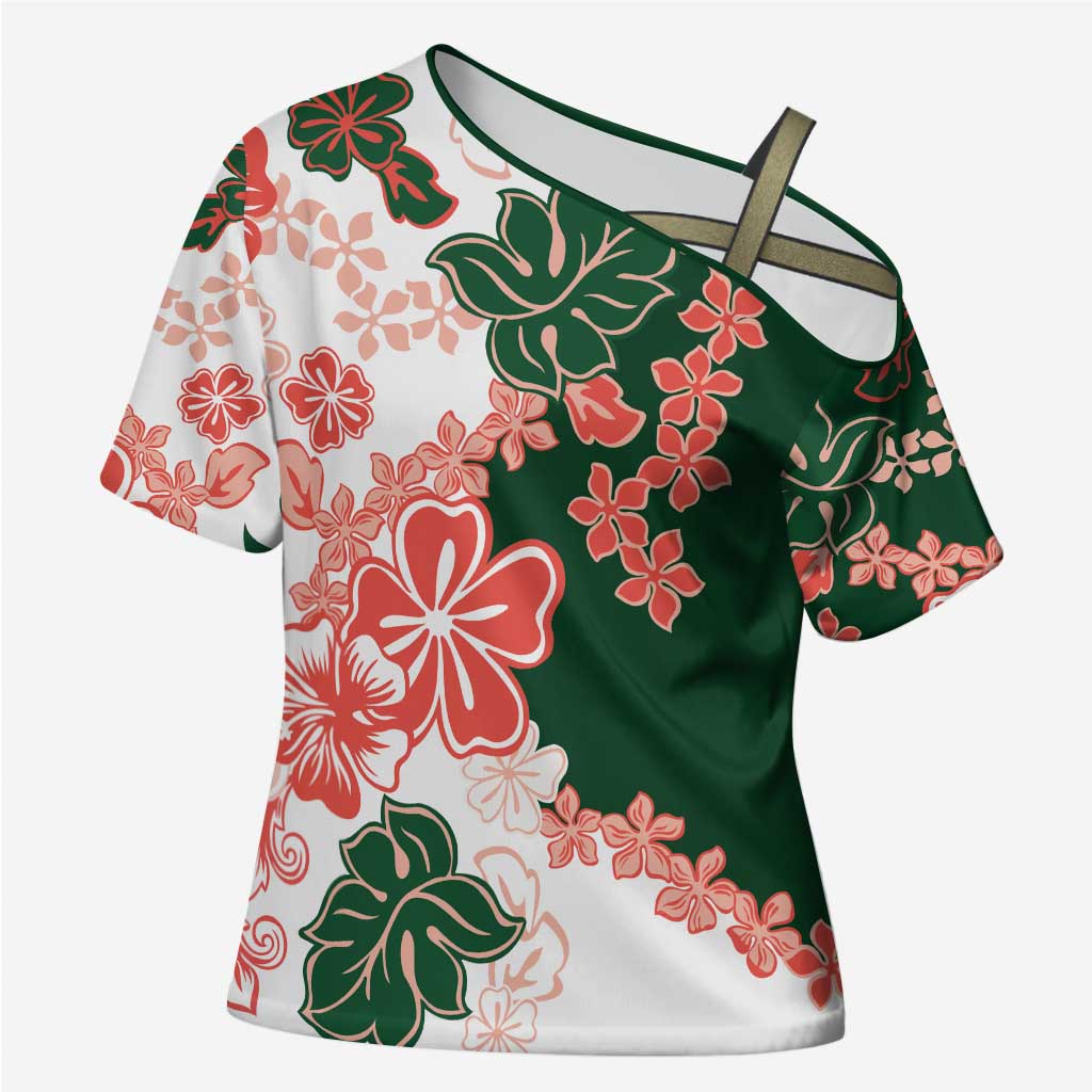 Green Orange Hibiscus Plumeria Floral Cross Shoulder Shirt LT01 Female Orange - Polynesian Pride