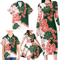 Green Orange Hibiscus Plumeria Floral Family Matching Long Sleeve Bodycon Dress and Hawaiian Shirt - Polynesian Pride