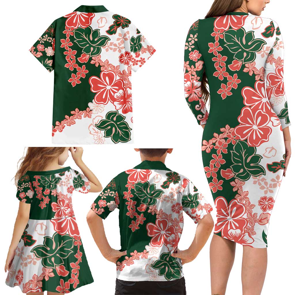 Green Orange Hibiscus Plumeria Floral Family Matching Long Sleeve Bodycon Dress and Hawaiian Shirt - Polynesian Pride