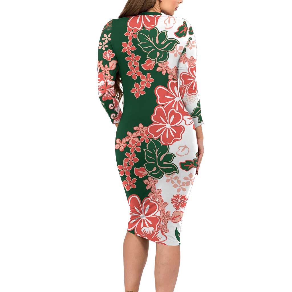 Green Orange Hibiscus Plumeria Floral Family Matching Long Sleeve Bodycon Dress and Hawaiian Shirt - Polynesian Pride