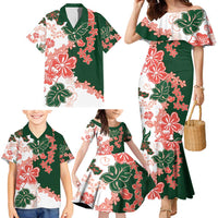 Green Orange Hibiscus Plumeria Floral Family Matching Mermaid Dress and Hawaiian Shirt - Polynesian Pride