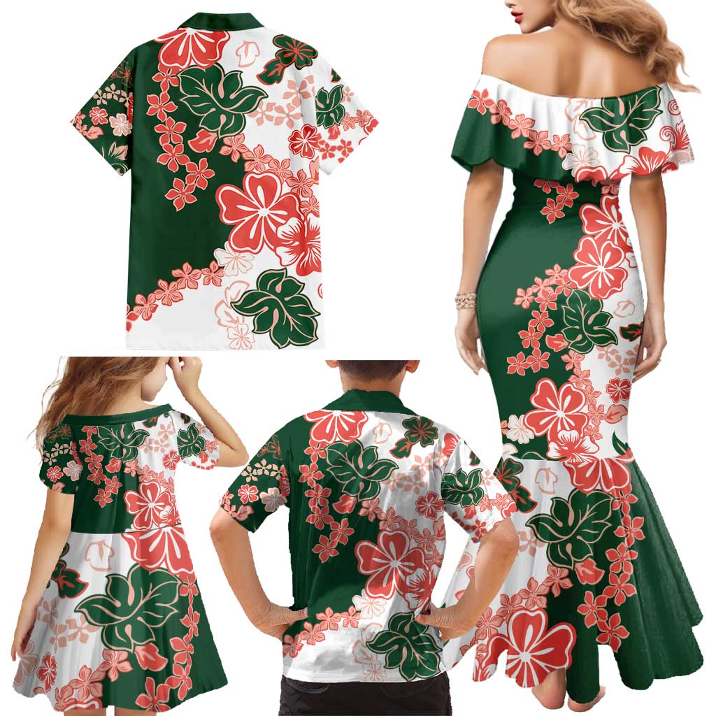Green Orange Hibiscus Plumeria Floral Family Matching Mermaid Dress and Hawaiian Shirt - Polynesian Pride