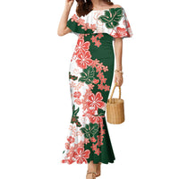 Green Orange Hibiscus Plumeria Floral Family Matching Mermaid Dress and Hawaiian Shirt - Polynesian Pride