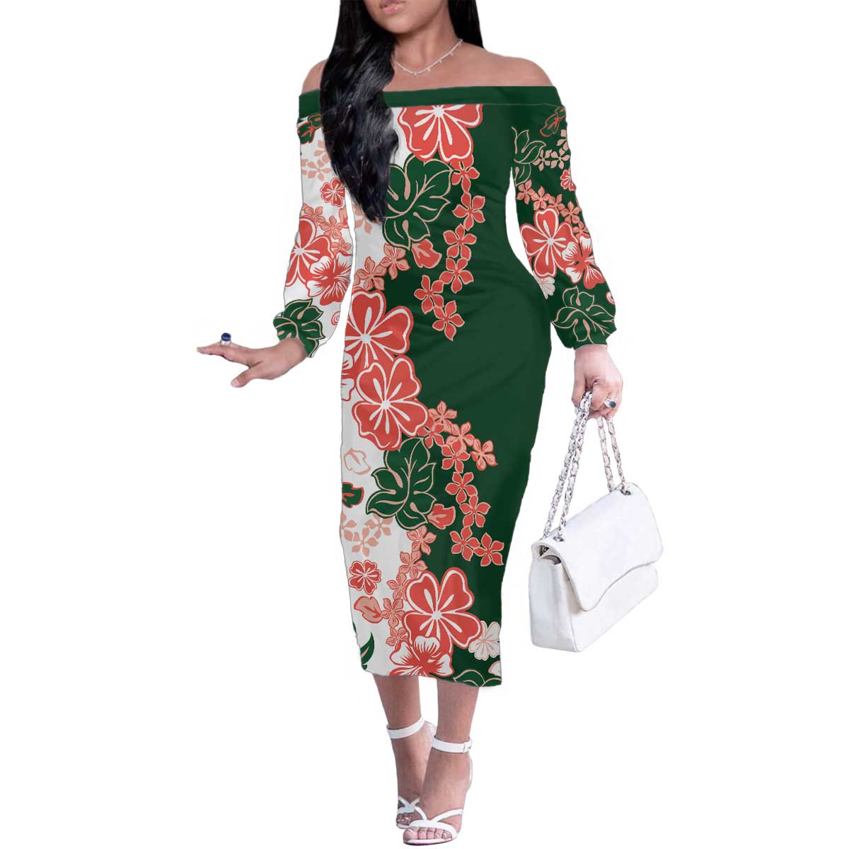 Green Orange Hibiscus Plumeria Floral Family Matching Off The Shoulder Long Sleeve Dress and Hawaiian Shirt - Polynesian Pride