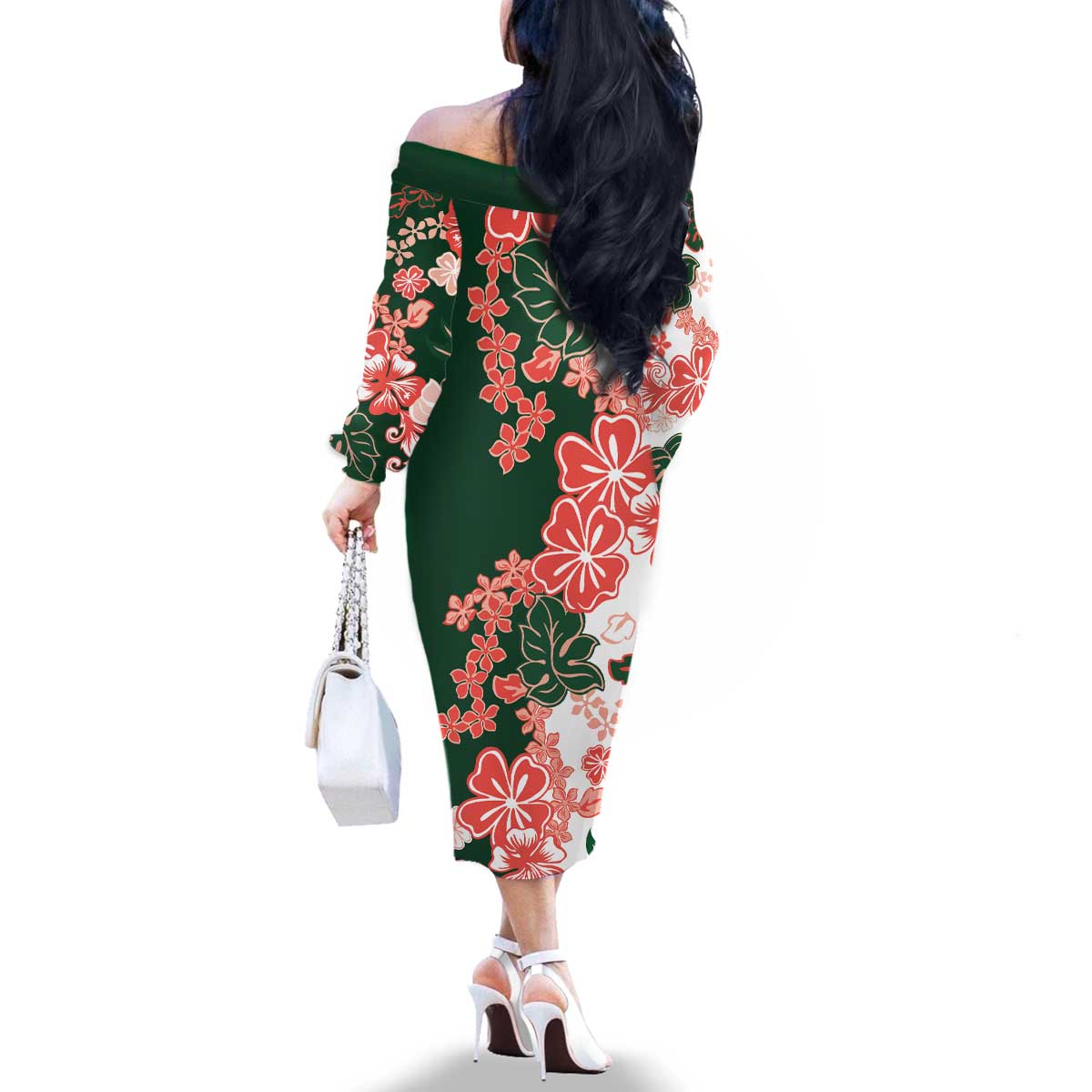 Green Orange Hibiscus Plumeria Floral Family Matching Off The Shoulder Long Sleeve Dress and Hawaiian Shirt - Polynesian Pride