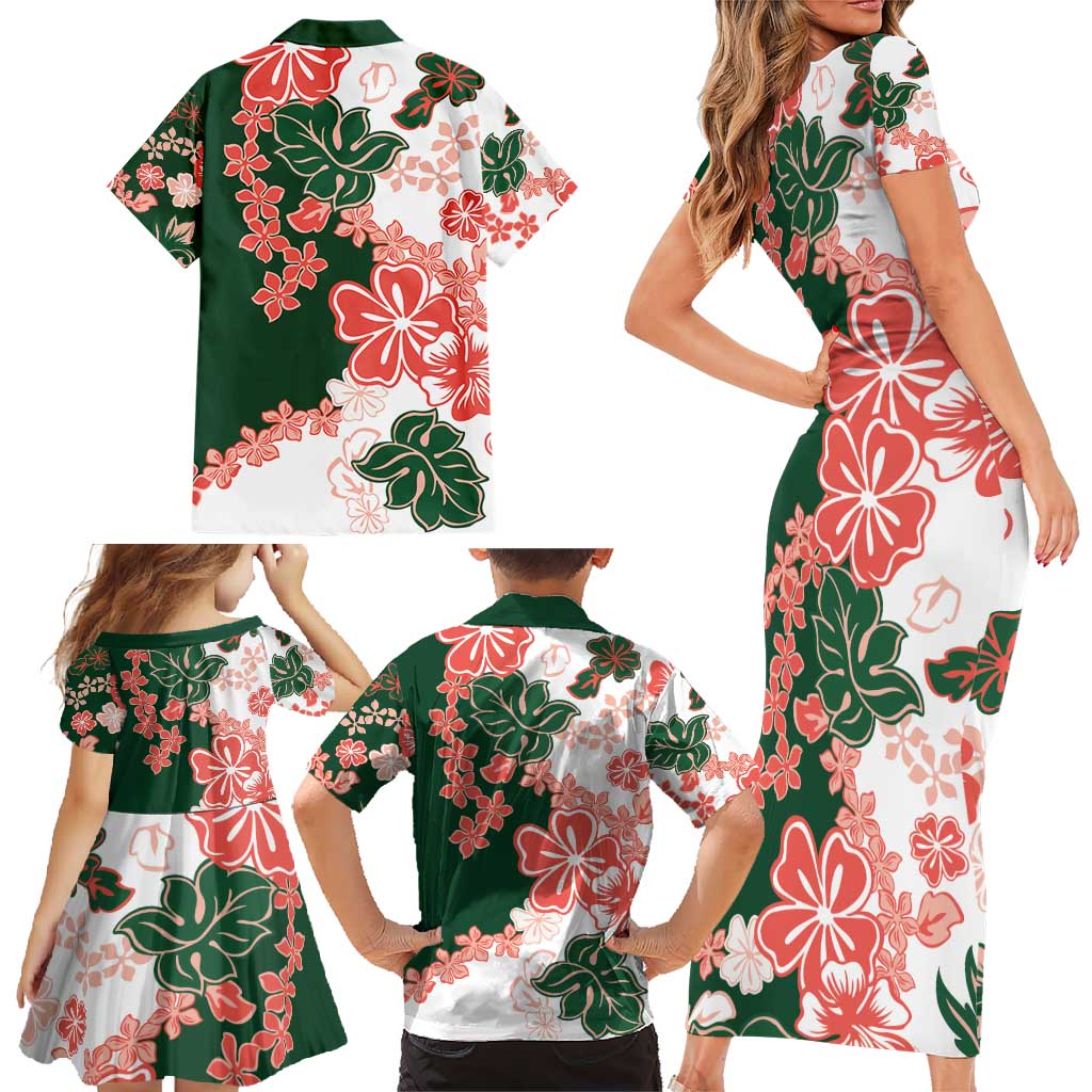 Green Orange Hibiscus Plumeria Floral Family Matching Short Sleeve Bodycon Dress and Hawaiian Shirt - Polynesian Pride