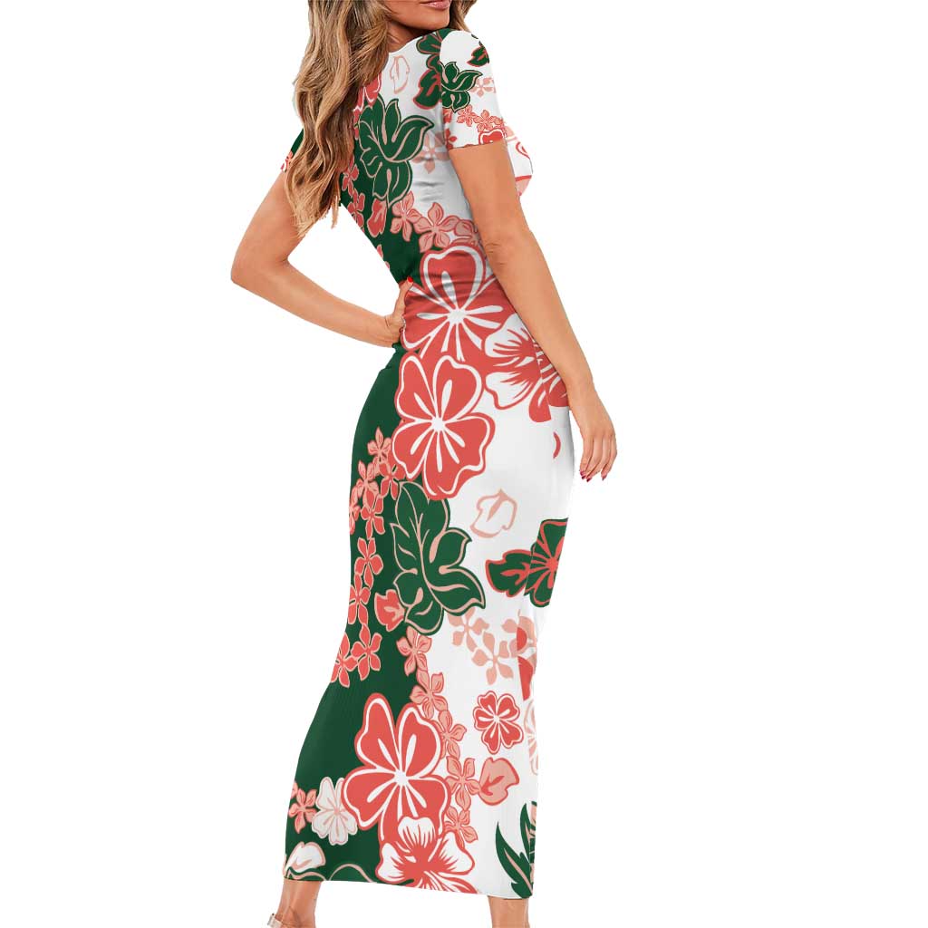 Green Orange Hibiscus Plumeria Floral Family Matching Short Sleeve Bodycon Dress and Hawaiian Shirt - Polynesian Pride