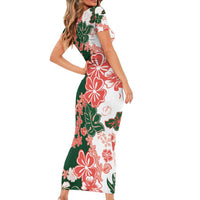 Green Orange Hibiscus Plumeria Floral Family Matching Short Sleeve Bodycon Dress and Hawaiian Shirt - Polynesian Pride