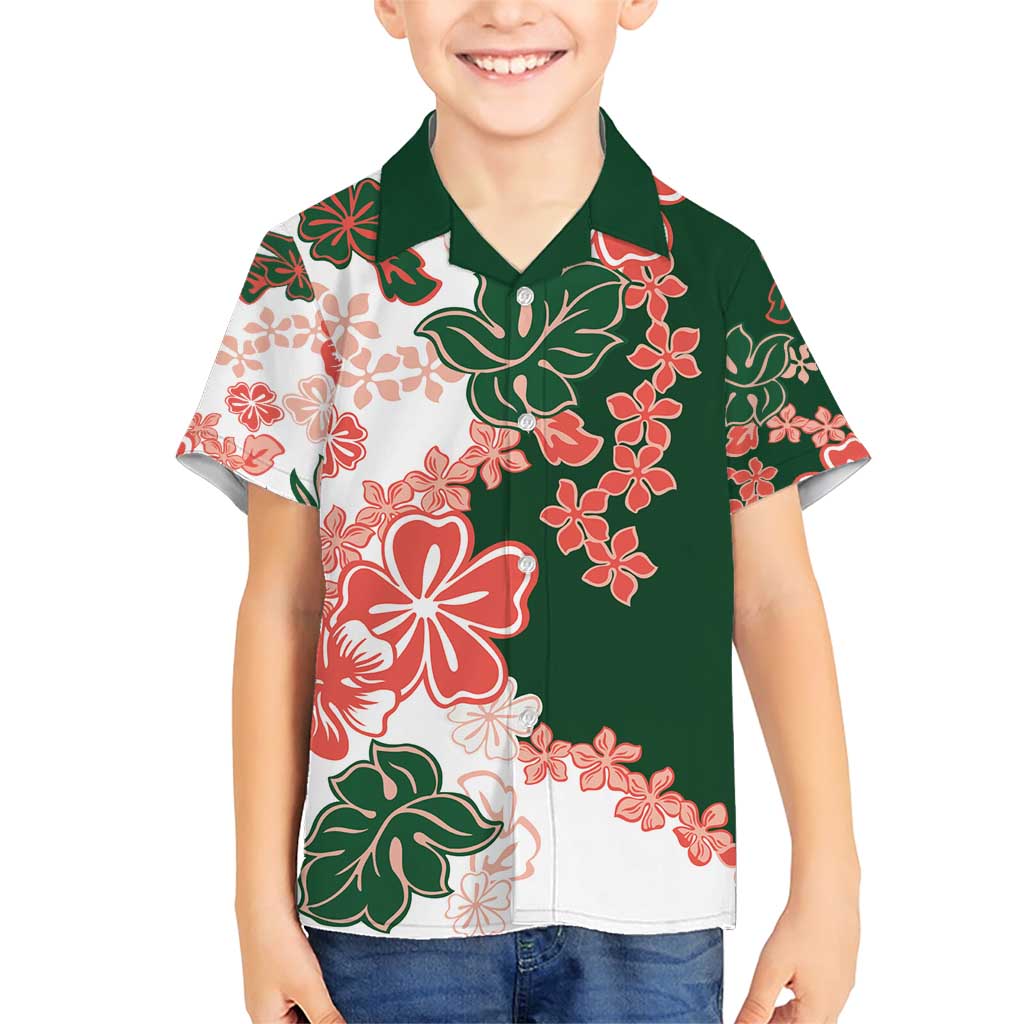 Green Orange Hibiscus Plumeria Floral Family Matching Short Sleeve Bodycon Dress and Hawaiian Shirt - Polynesian Pride
