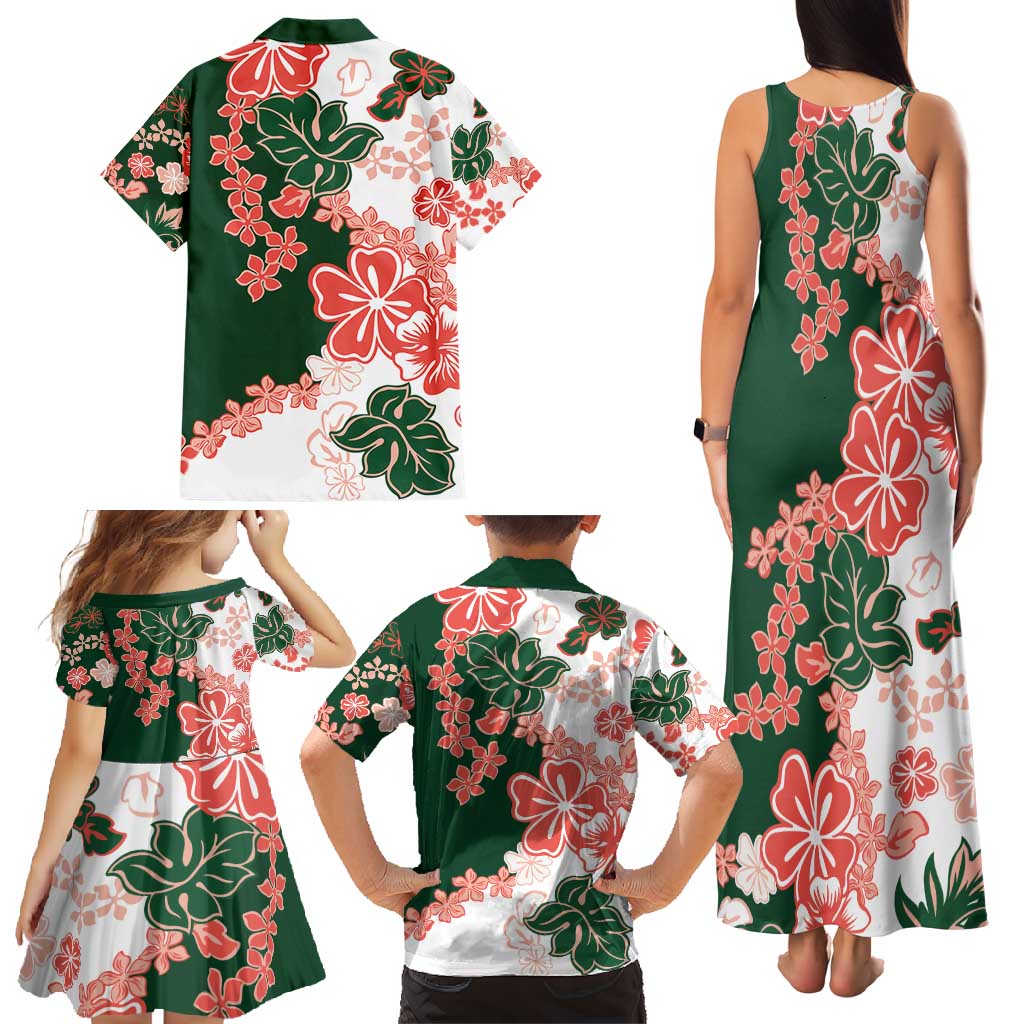 Green Orange Hibiscus Plumeria Floral Family Matching Tank Maxi Dress and Hawaiian Shirt - Polynesian Pride