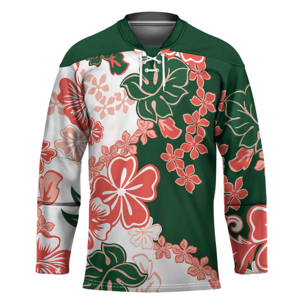 Green Orange Hibiscus Plumeria Floral Hockey Jersey - Polynesian Pride