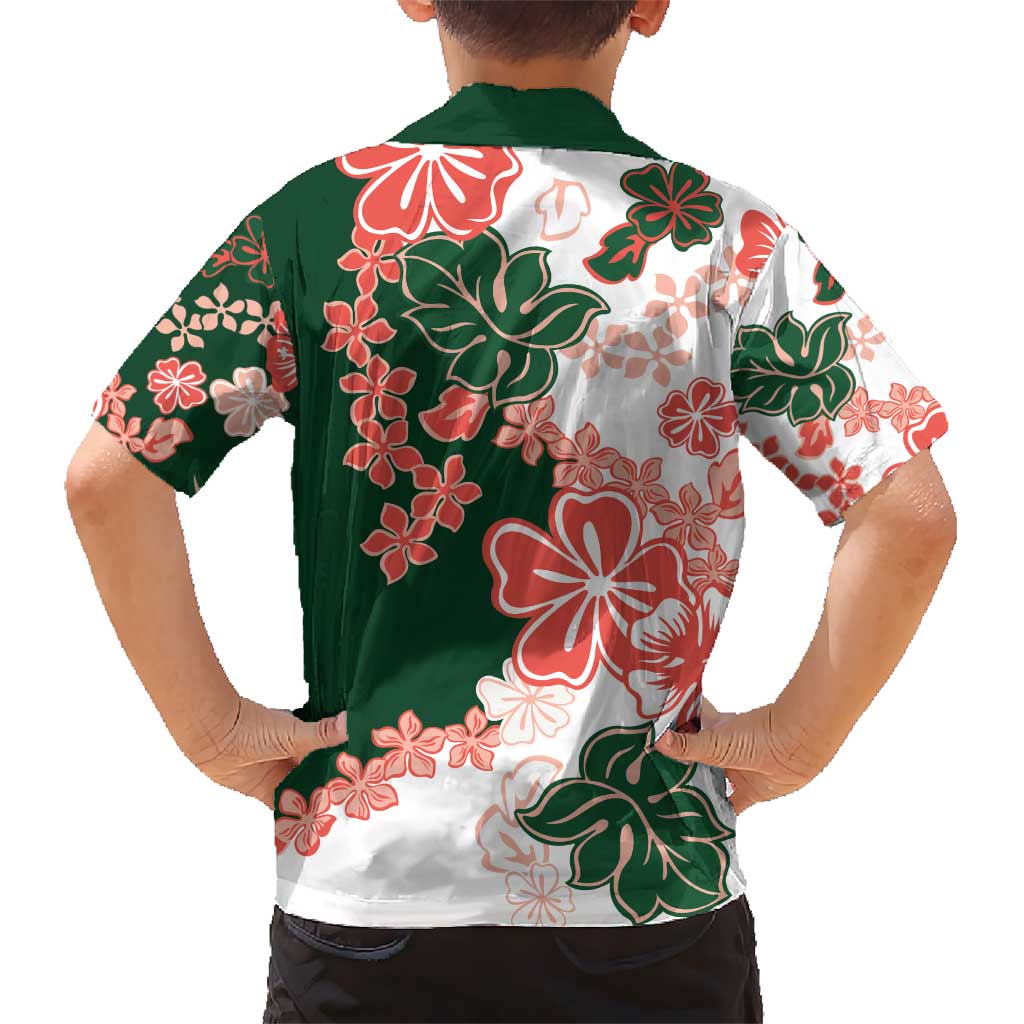 Green Orange Hibiscus Plumeria Floral Kid Hawaiian Shirt - Polynesian Pride