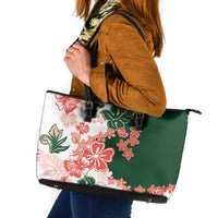 Green Orange Hibiscus Plumeria Floral Leather Tote Bag - Polynesian Pride