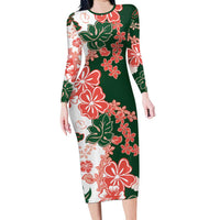 Green Orange Hibiscus Plumeria Floral Long Sleeve Bodycon Dress LT01 Long Dress Orange - Polynesian Pride