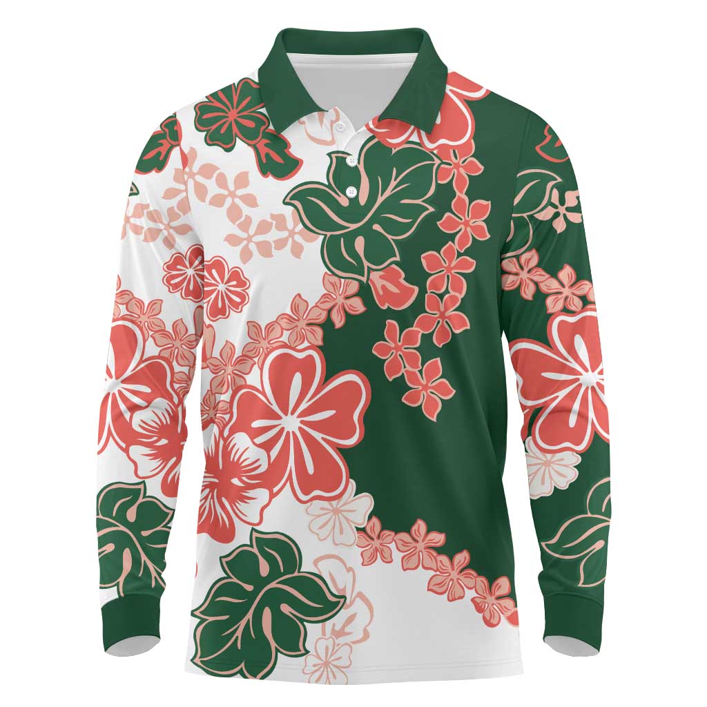 Green Orange Hibiscus Plumeria Floral Long Sleeve Polo Shirt LT01 Orange - Polynesian Pride