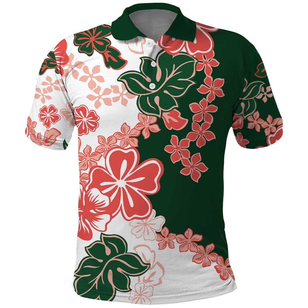 Green Orange Hibiscus Plumeria Floral Polo Shirt - Polynesian Pride