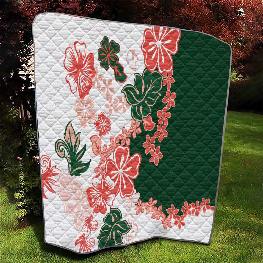 Green Orange Hibiscus Plumeria Floral Quilt - Polynesian Pride