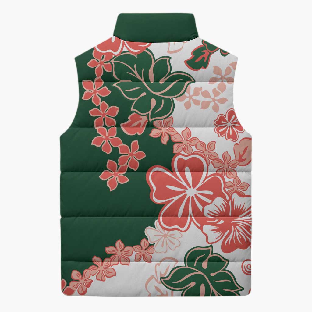 Green Orange Hibiscus Plumeria Floral Sleeveless Puffer Jacket LT01 - Polynesian Pride