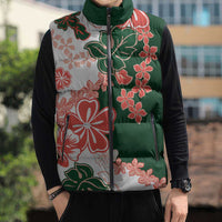 Green Orange Hibiscus Plumeria Floral Sleeveless Puffer Jacket LT01 - Polynesian Pride
