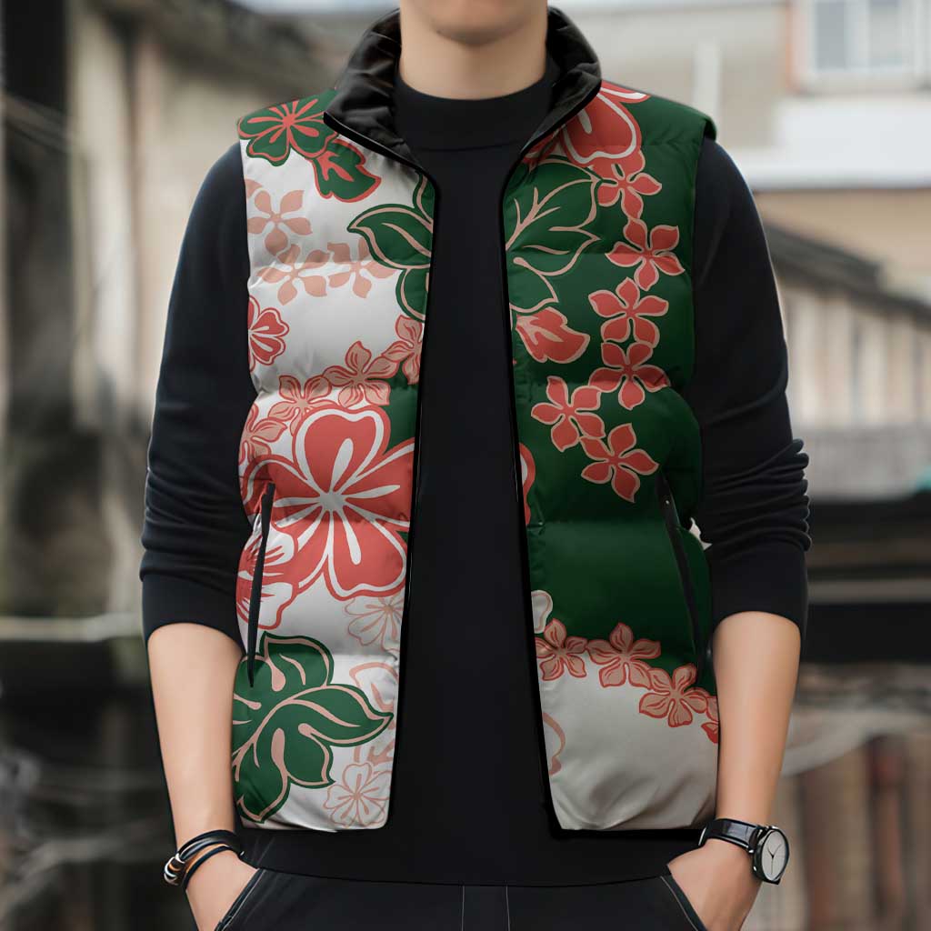 Green Orange Hibiscus Plumeria Floral Sleeveless Puffer Jacket LT01 - Polynesian Pride