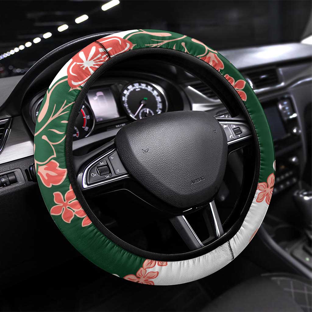 Green Orange Hibiscus Plumeria Floral Steering Wheel Cover LT01 Universal Fit Orange - Polynesian Pride