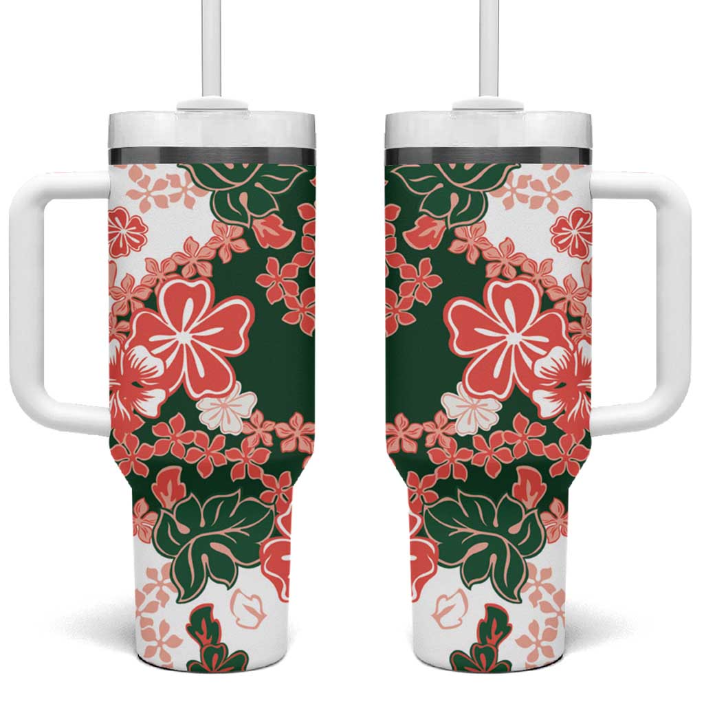 Green Orange Hibiscus Plumeria Floral Tumbler With Handle - Polynesian Pride