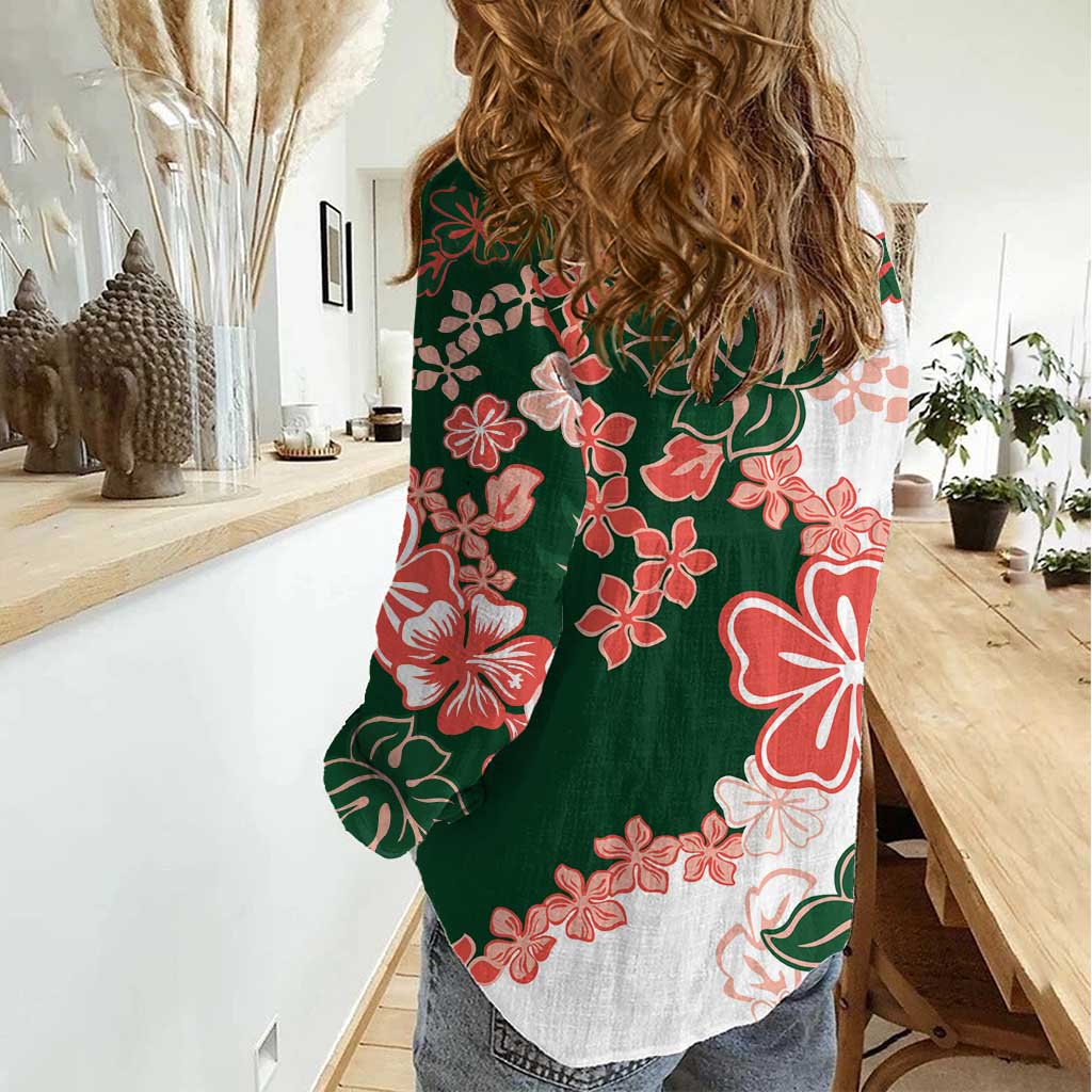 Green Orange Hibiscus Plumeria Floral Women Casual Shirt - Polynesian Pride