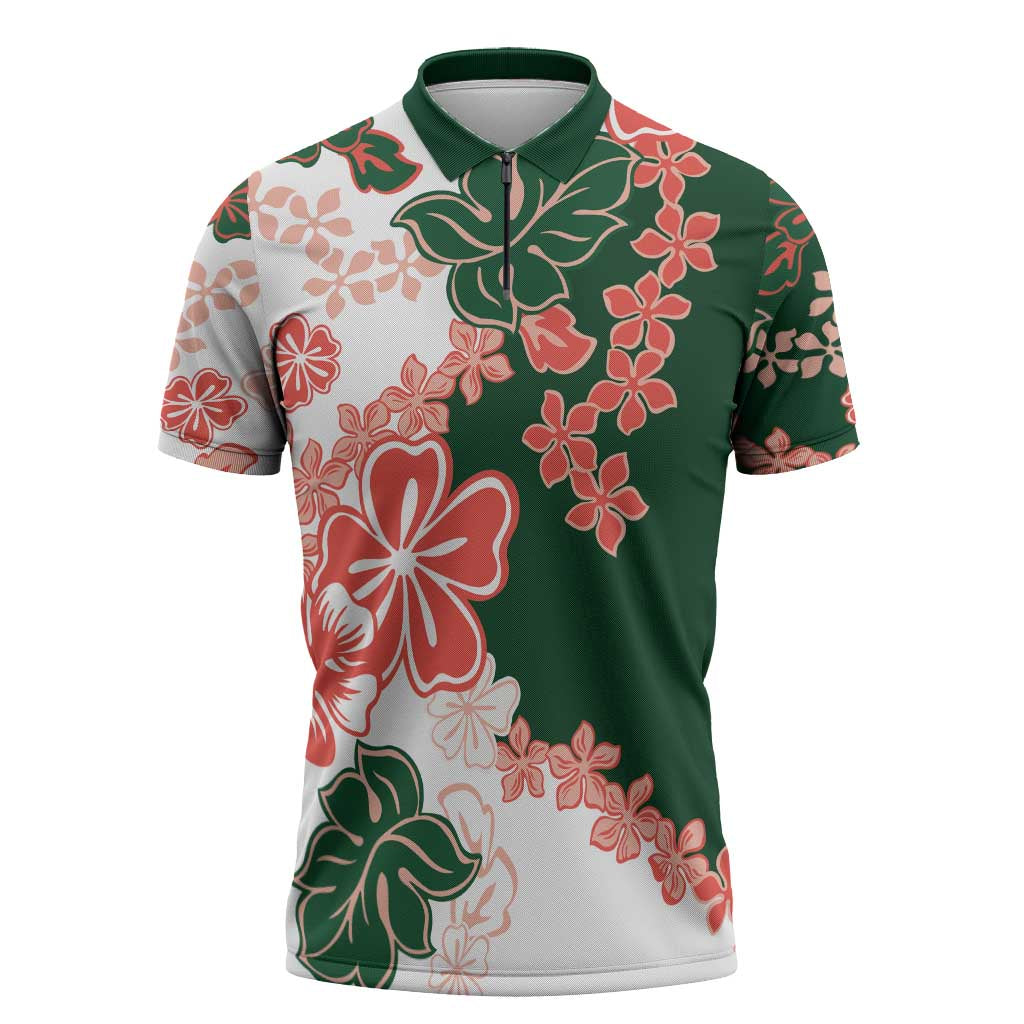 Green Orange Hibiscus Plumeria Floral Zipper Polo Shirt LT01 Orange - Polynesian Pride