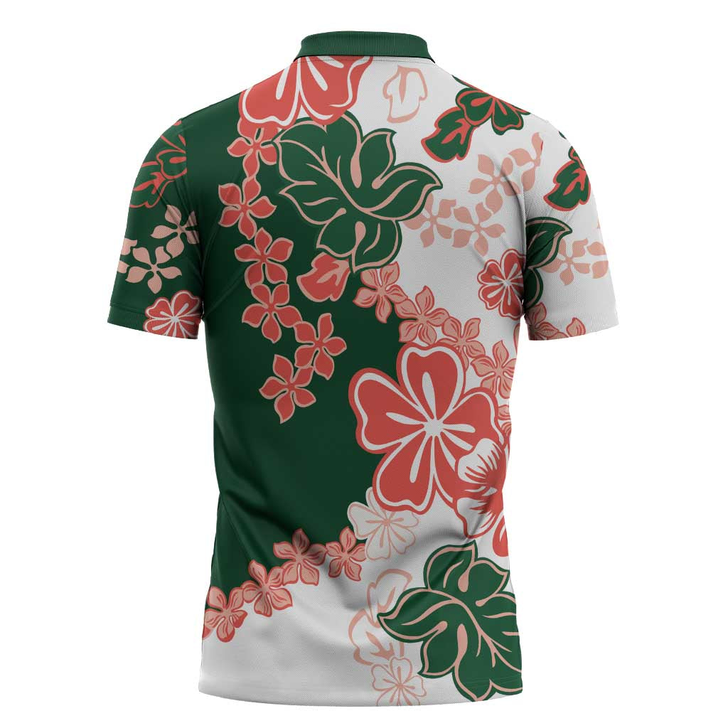 Green Orange Hibiscus Plumeria Floral Zipper Polo Shirt LT01 - Polynesian Pride