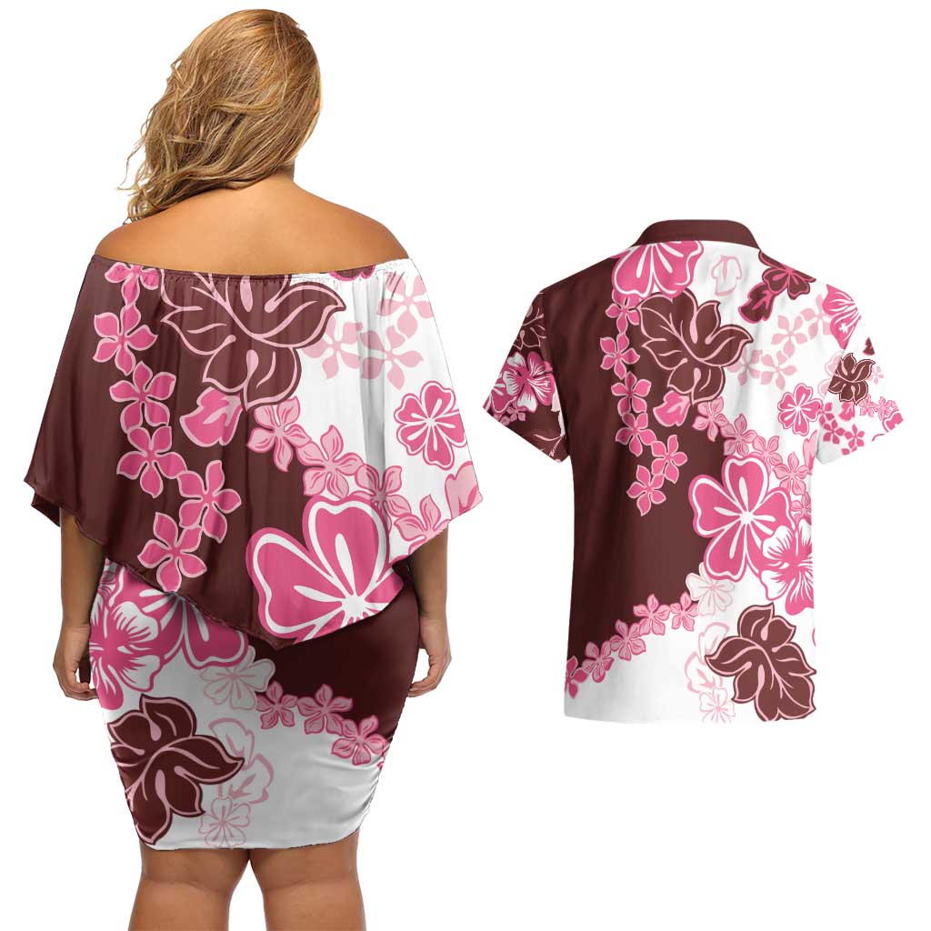 Pink Hibiscus Plumeria Floral Couples Matching Off Shoulder Short Dress and Hawaiian Shirt - Polynesian Pride