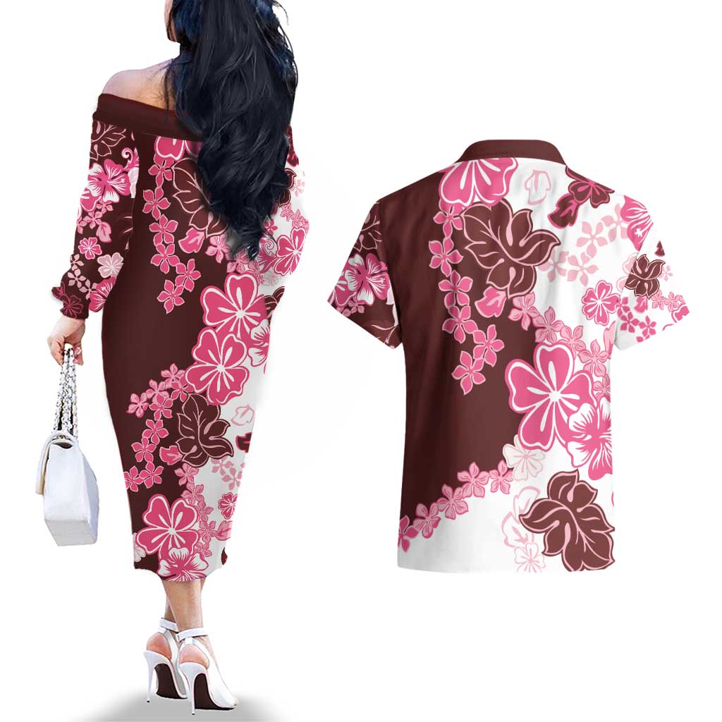Pink Hibiscus Plumeria Floral Couples Matching Off The Shoulder Long Sleeve Dress and Hawaiian Shirt - Polynesian Pride