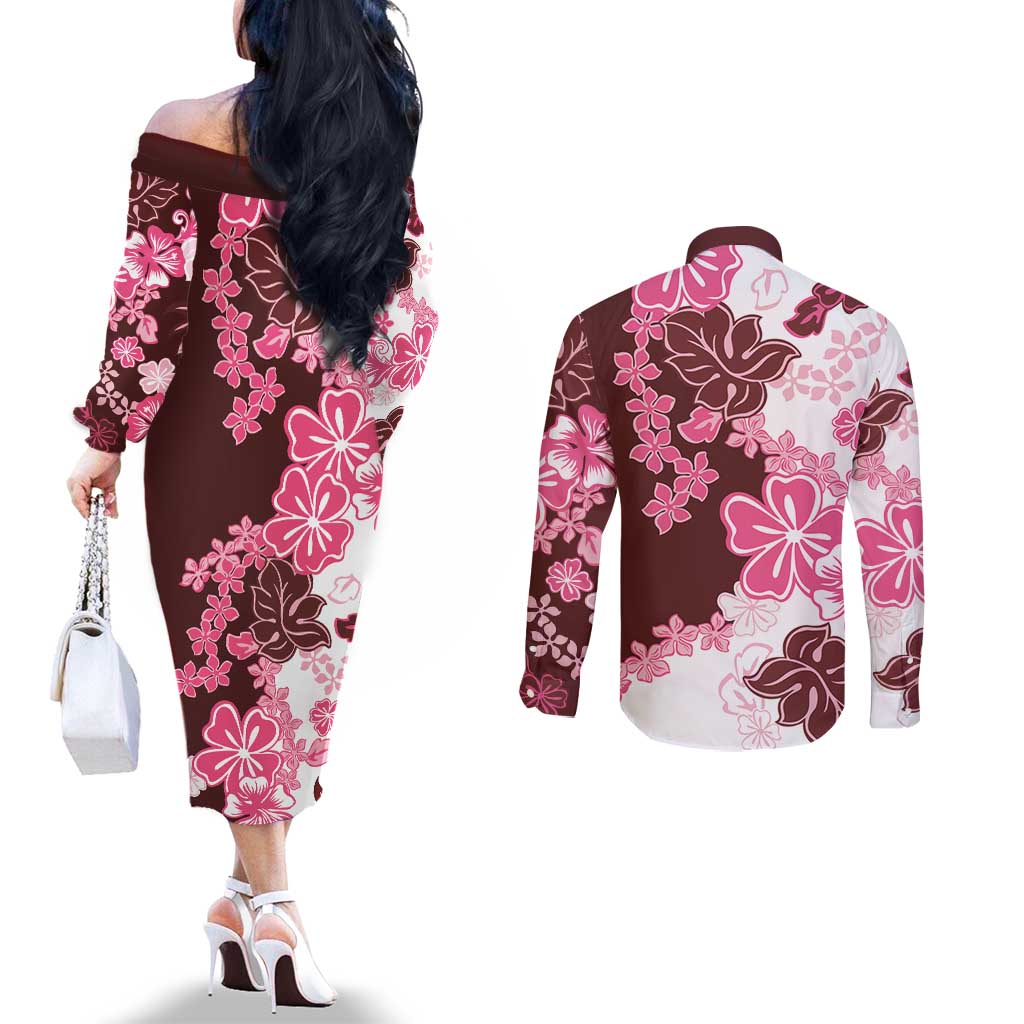 Pink Hibiscus Plumeria Floral Couples Matching Off The Shoulder Long Sleeve Dress and Long Sleeve Button Shirt - Polynesian Pride