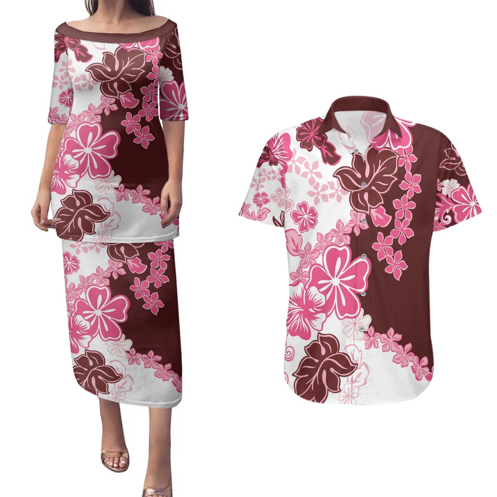 Pink Hibiscus Plumeria Floral Couples Matching Puletasi and Hawaiian Shirt - Polynesian Pride